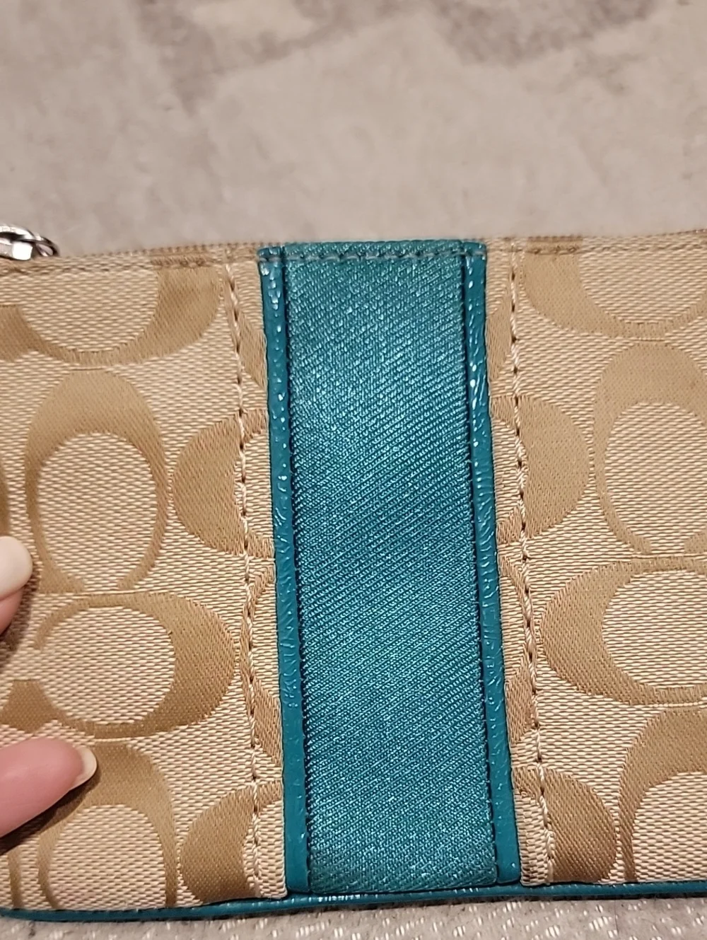 Coach Tan Signature Canvas Wristlet with Jade Green Stripe And Leather Trim